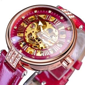 Forsaking Womens Automatic Skeleton HOT PINK  Ladies Watch Leather Band.
